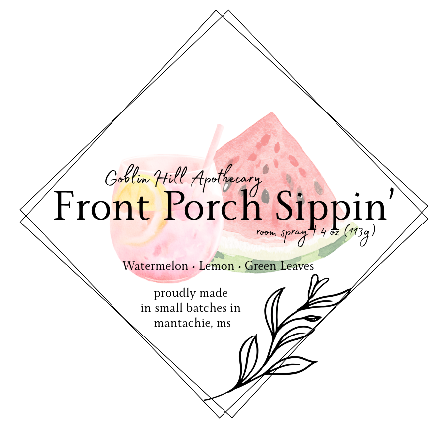 Goblin Hill Apothecary 'Front Porch Sippin' room spray label with watermelon and lemon graphics.