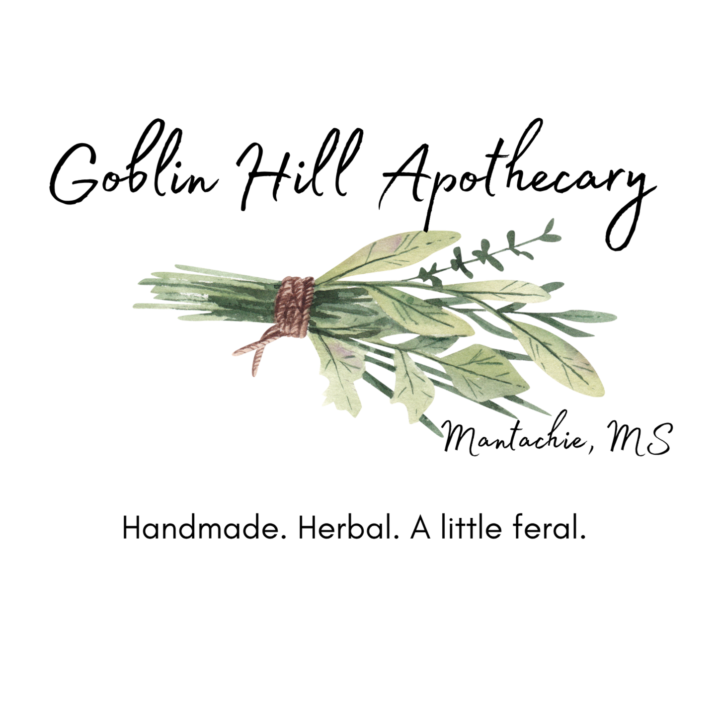 Goblin Hill Apothecary logo with green leafy bundle and text on a white background