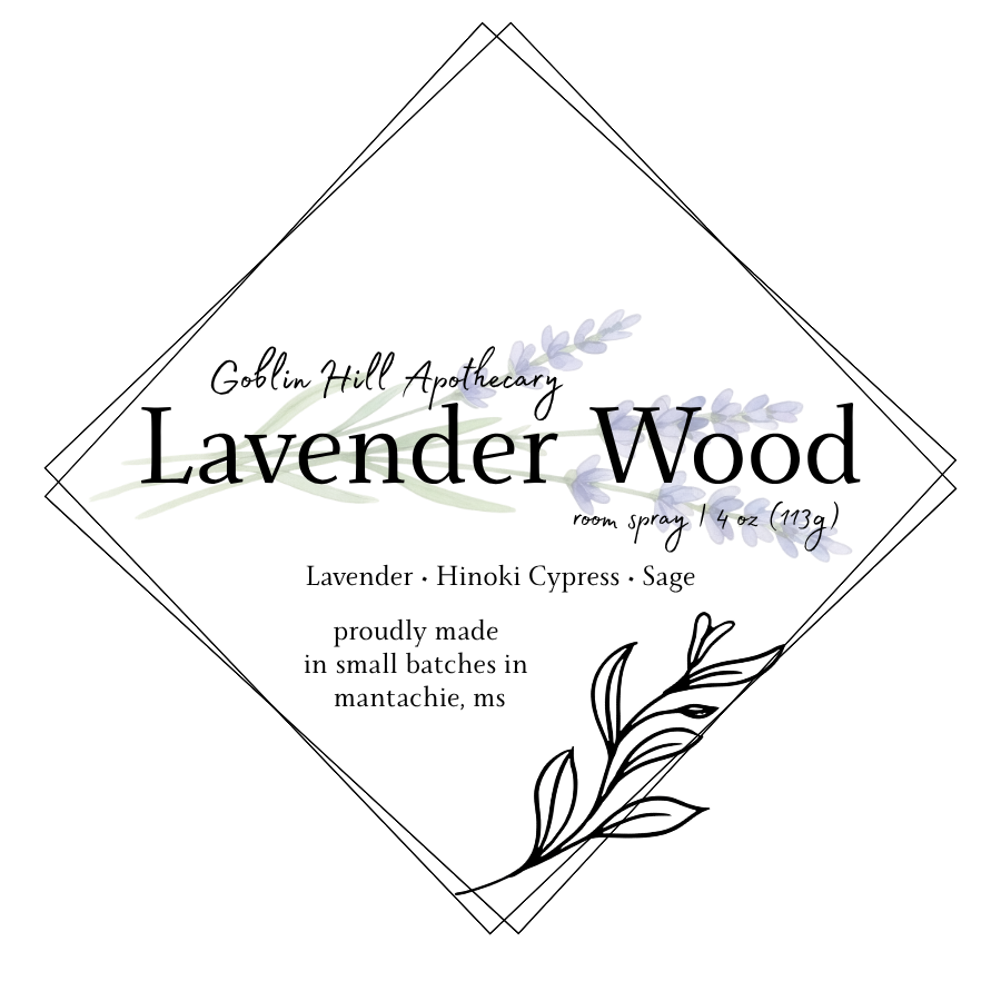 Goblin Hill Apothecary Lavender Wood room spray label with decorative elements.