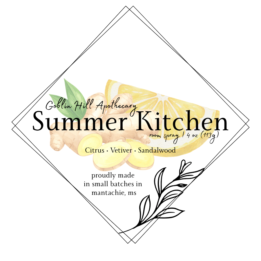 Label for 'Summer Kitchen' room spray by Goblin Hill Apothecary with lemon and leaf graphics.