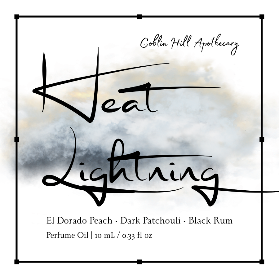 Label for 'Heat Lightning' perfume oil by Goblin Hill Apothecary with product details.