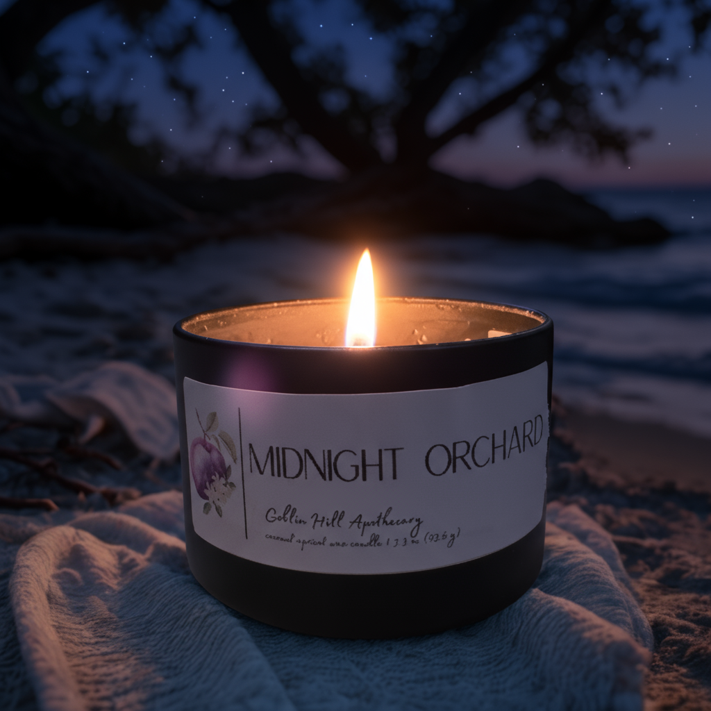 Candle labeled 'Midnight Orchard' on a beach at sunset