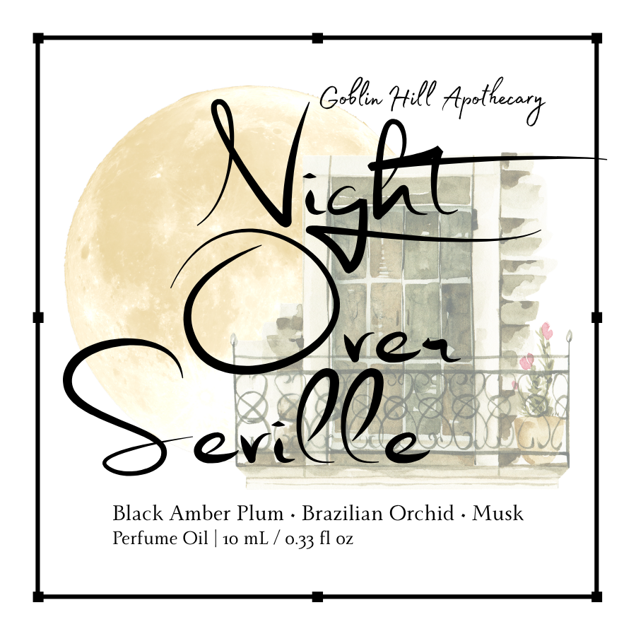 Perfume oil packaging with moon design and text 'Night Over Seville' by Goblin Hill Apothecary.