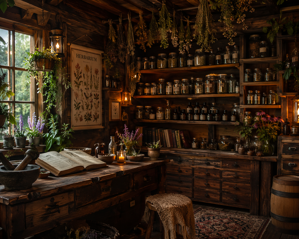 A cozy cottage with apothecary jars along the shelves on the wall