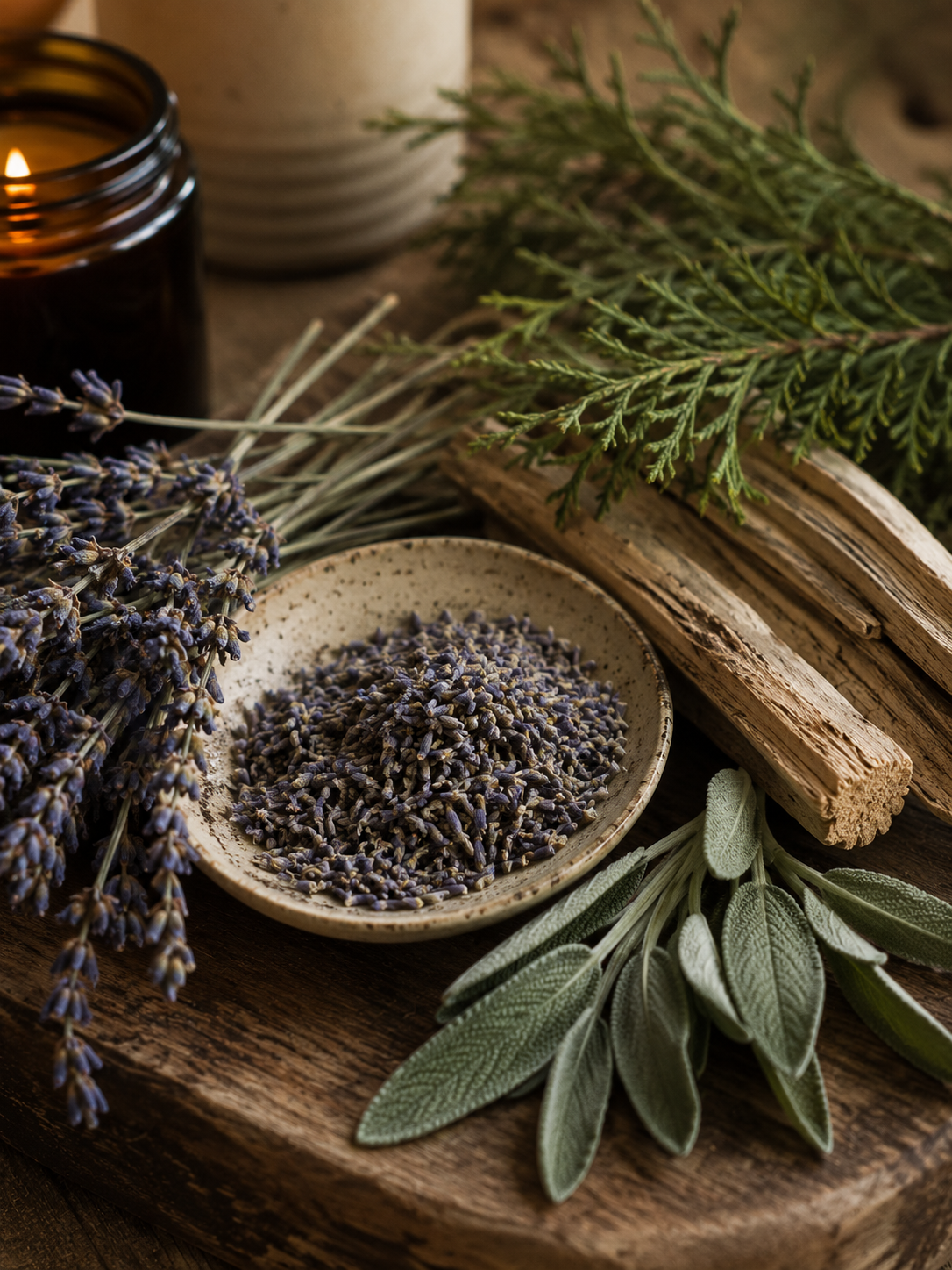 bowl of lavender buds with a bundle of cypress wood and sage sprigs