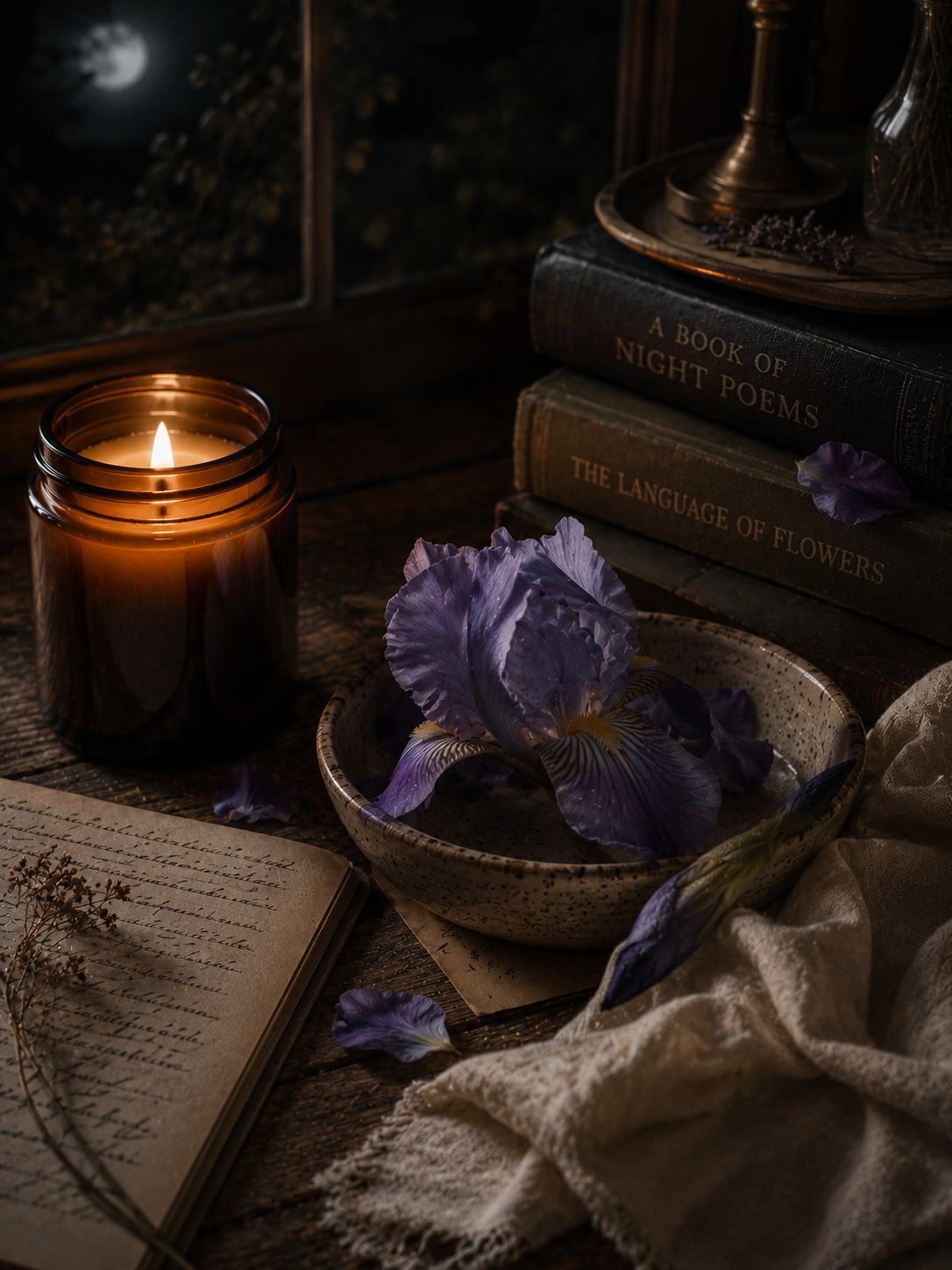 iris blossoms in a bowl next to a burning candle