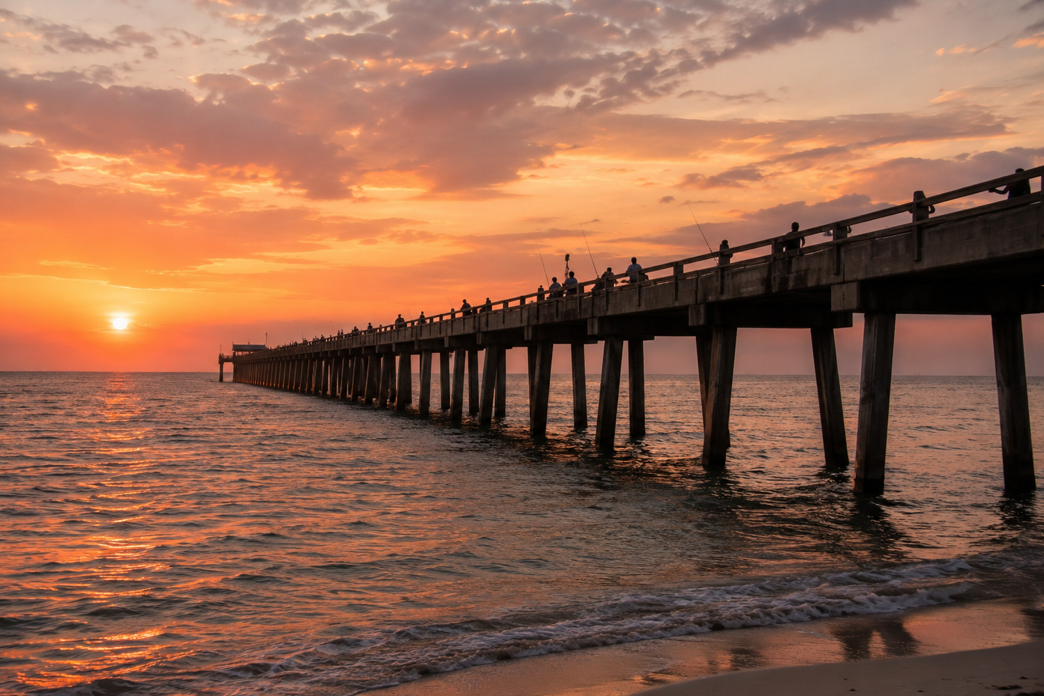 concrete fishing pier at sunset