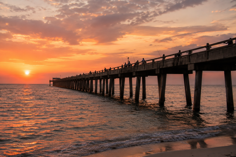 concrete fishing pier at sunset