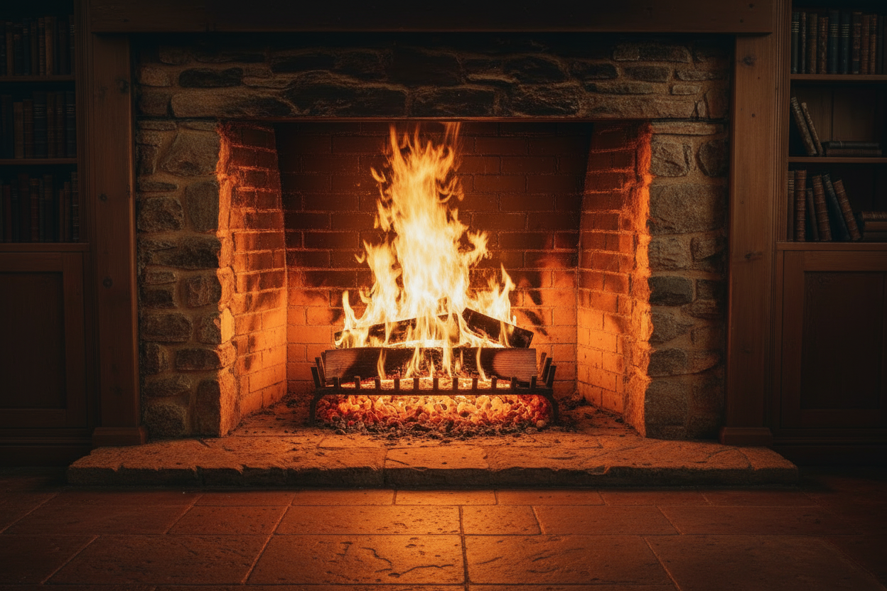 a roaring fire crackling in a brick fireplace