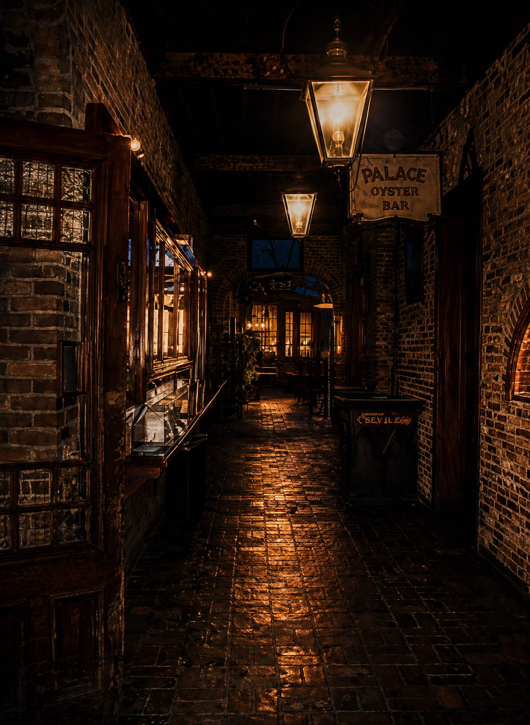 dark stone alleyway lit by streetlights