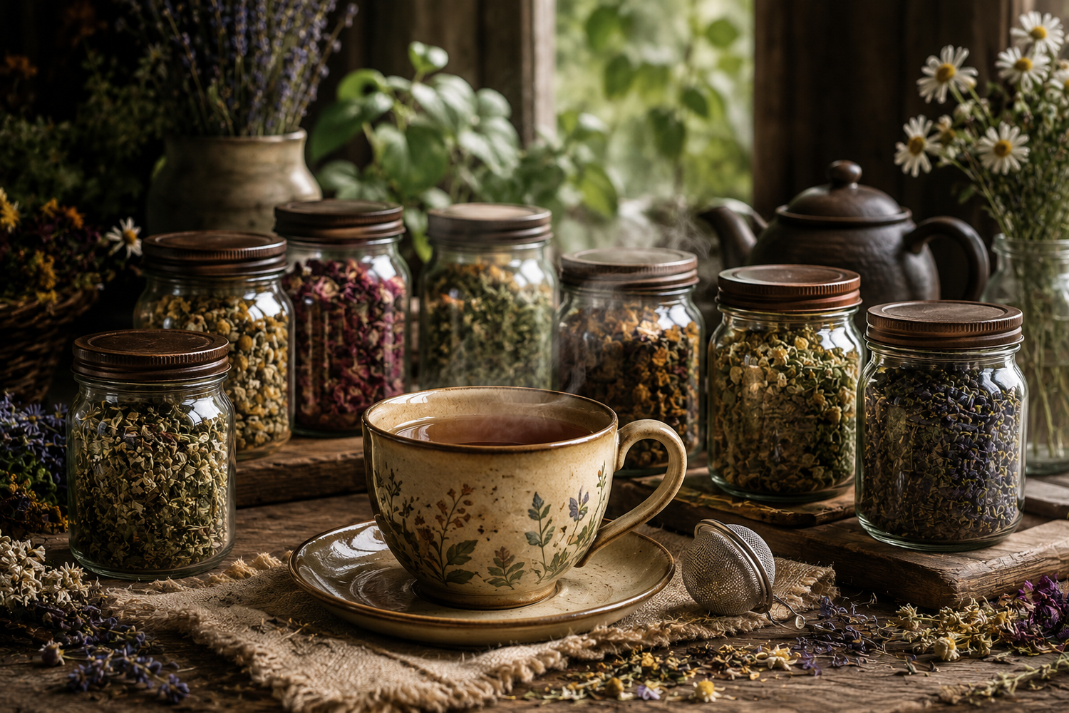 a steaming cup of tea surrounded by jars of tea blends