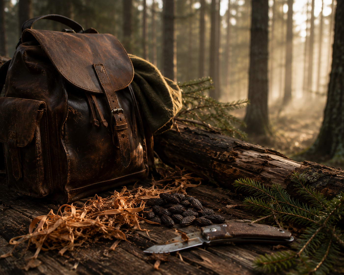 leather backpack in the woods