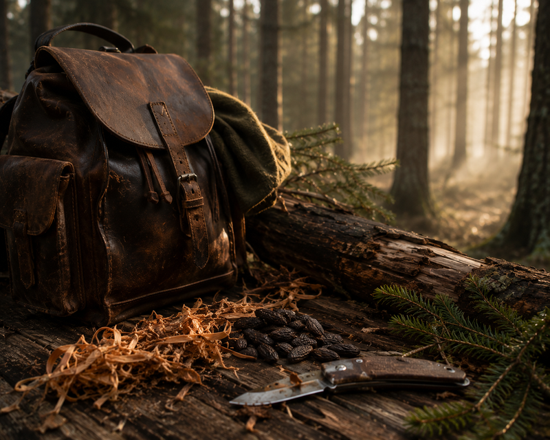 leather backpack in the woods