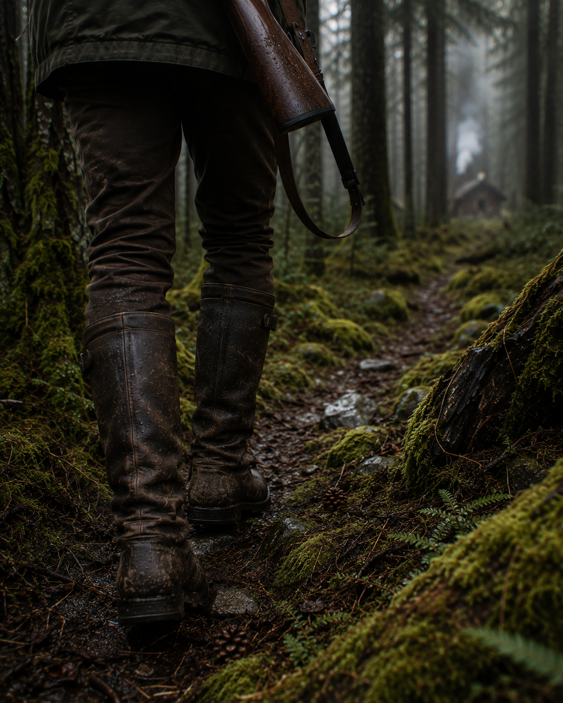 man in leather boots walking down a path in the woods