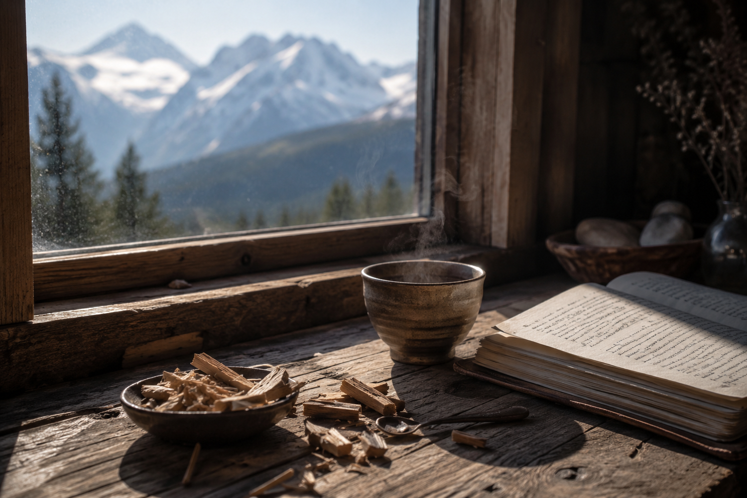 steaming cup of tea and a book on a wooden desk with a mountain in the background