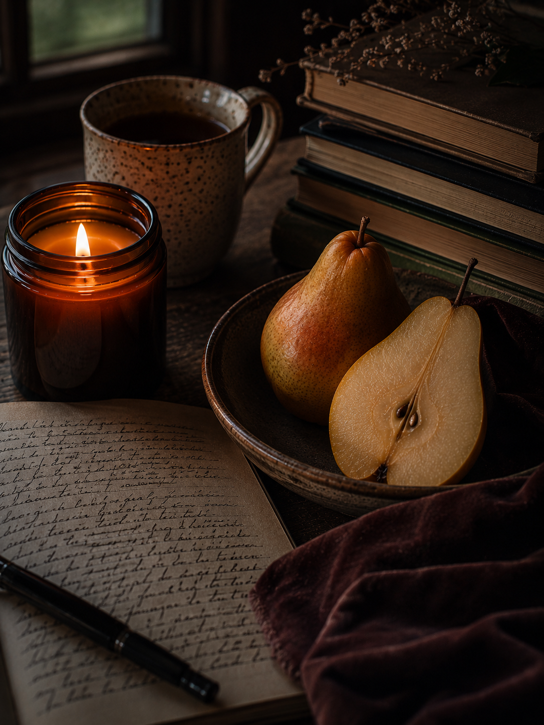 Candlelit scene with pears, a mug, and books on a table.