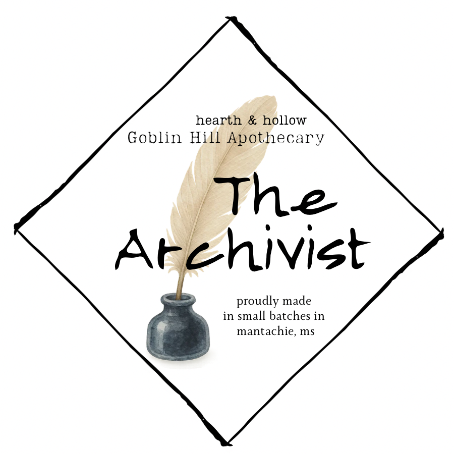 Book cover of 'The Archivist' with a feather quill and bottle design, featuring 'hearth & hollow Goblin Hill Apothecary'.