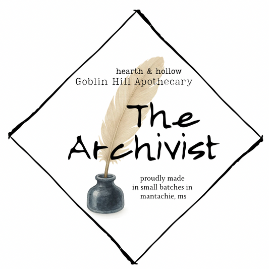 Book cover of 'The Archivist' with a feather quill and bottle design, featuring 'hearth & hollow Goblin Hill Apothecary'.