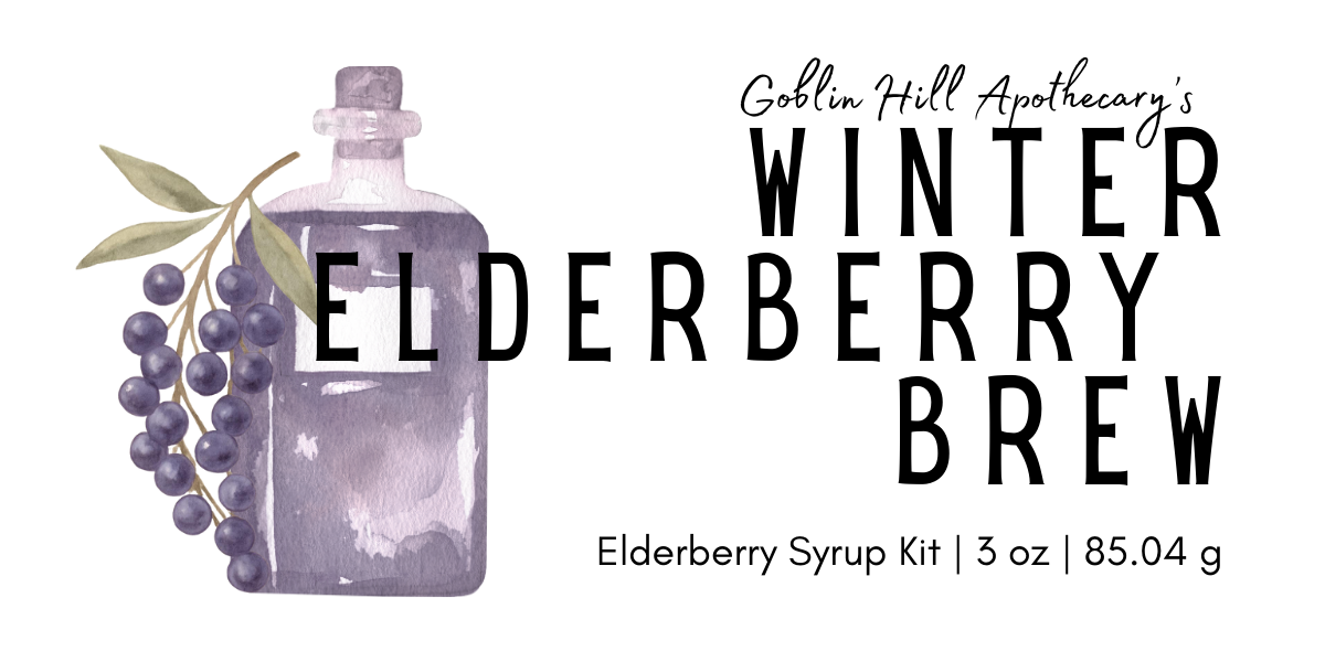 Elderberry syrup kit packaging with text 'Goblin Hill Apothecary's Winter Elderberry Brew' on a white background.