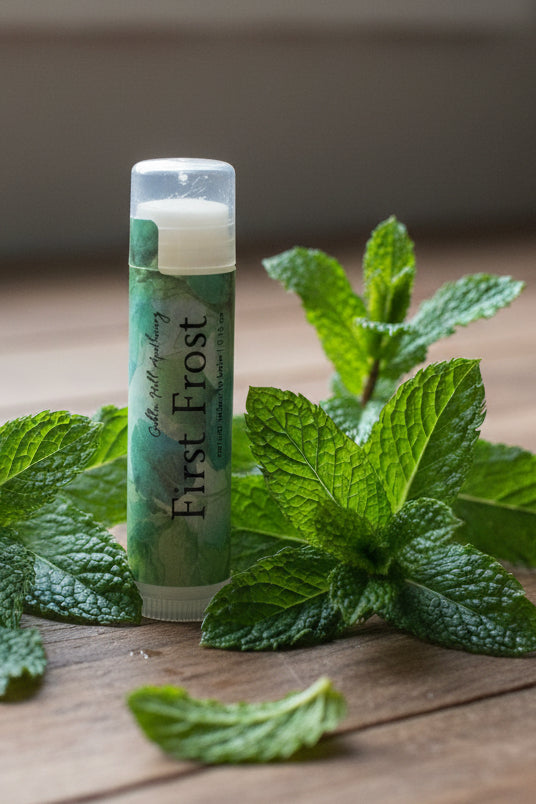 Stick of lip balm surrounded by mint leaves