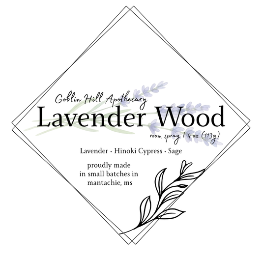 Goblin Hill Apothecary Lavender Wood room spray label with decorative elements.