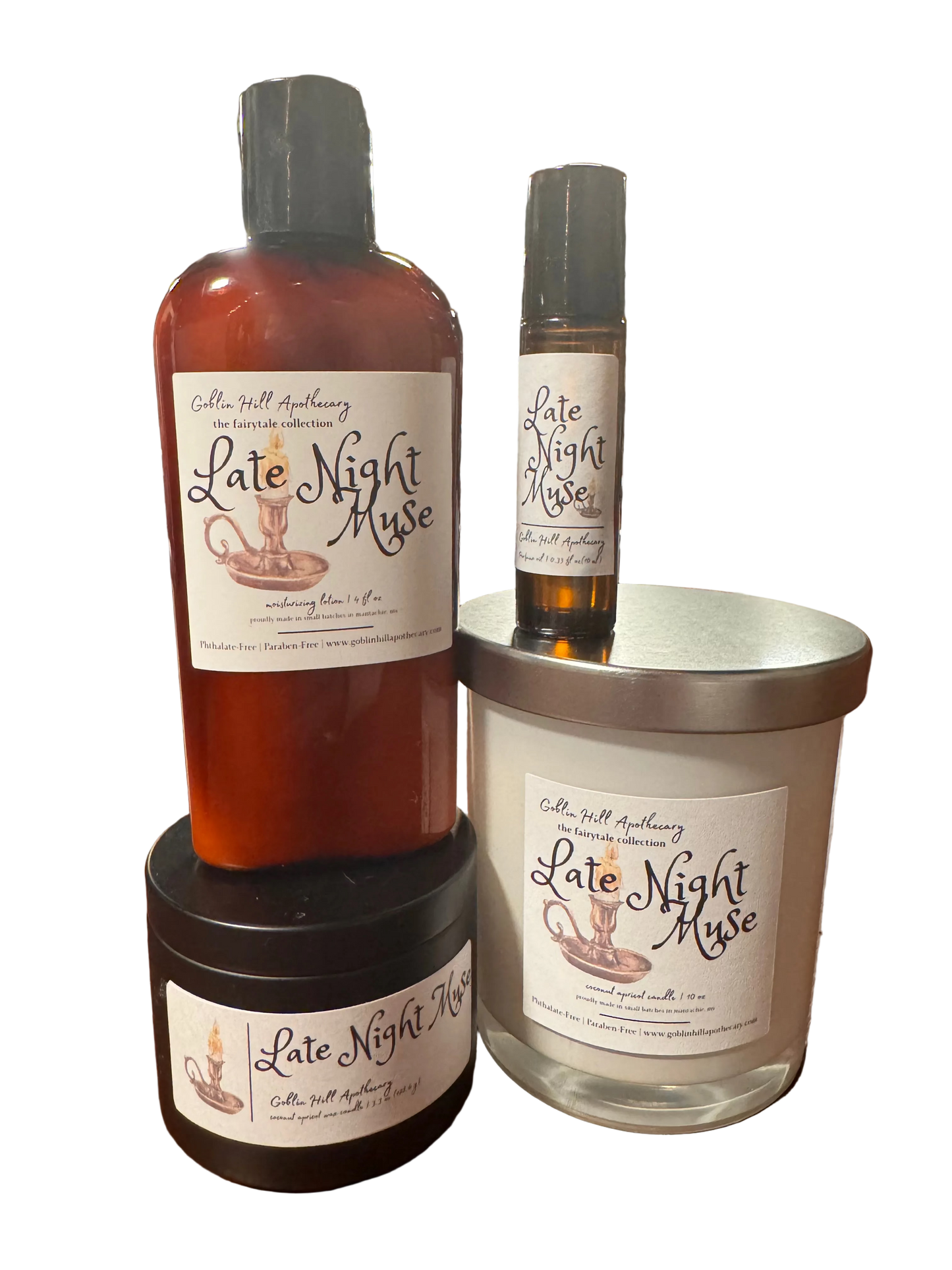 Collection of 'Late Night Muse' products including a bottle, jar, and candle on a white background.