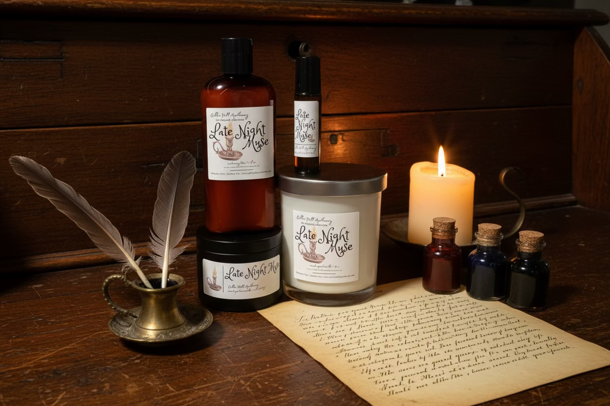 Vintage-style products including bottles, a candle, and a feather quill on a wooden surface.