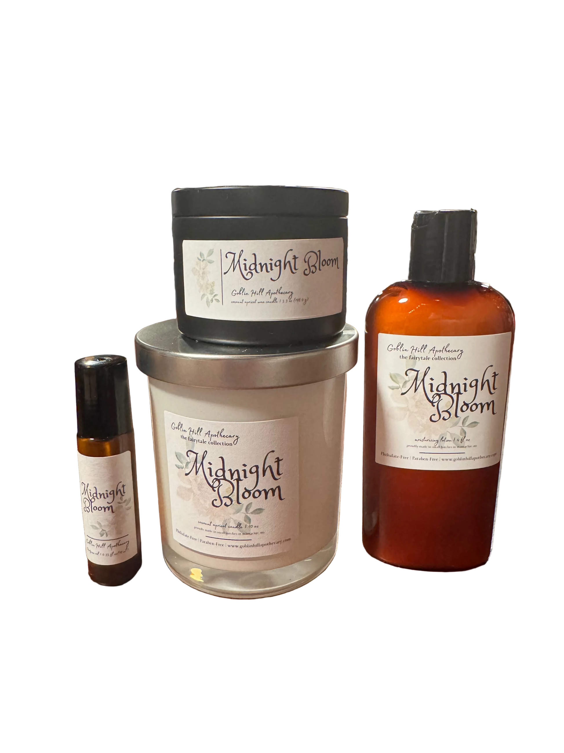 Collection of 'Midnight Bloom' products on a wooden surface with a store interior background.