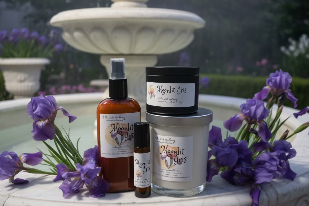 Collection of Moonlit Iris products including a bottle, jar, and candle on a wooden surface.