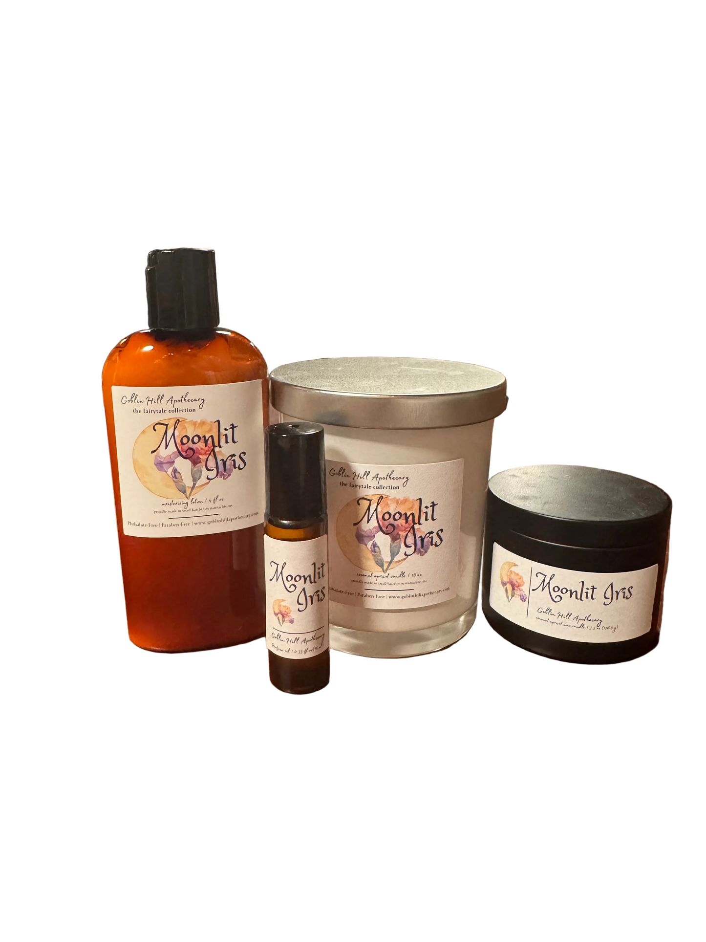 Collection of Moonlit iris products on a wooden surface with a workshop background.