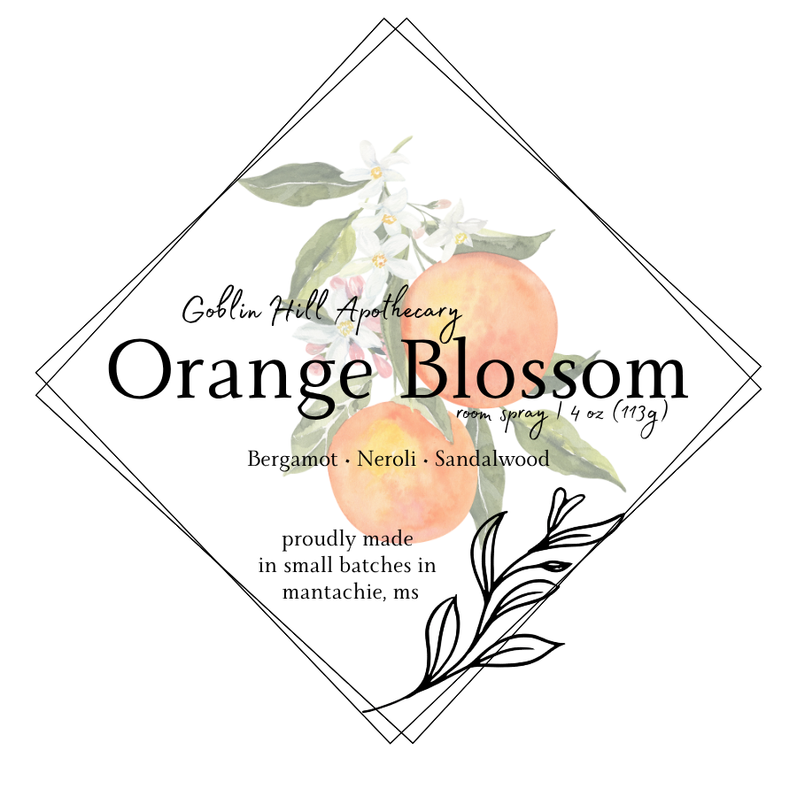 Orange blossom product label with floral design and text