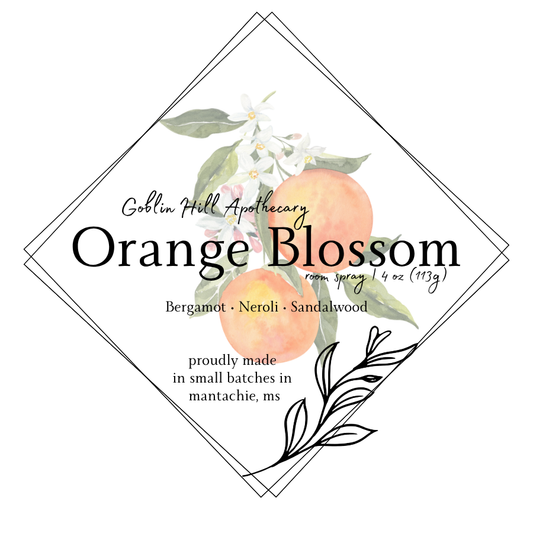 Orange blossom product label with floral design and text