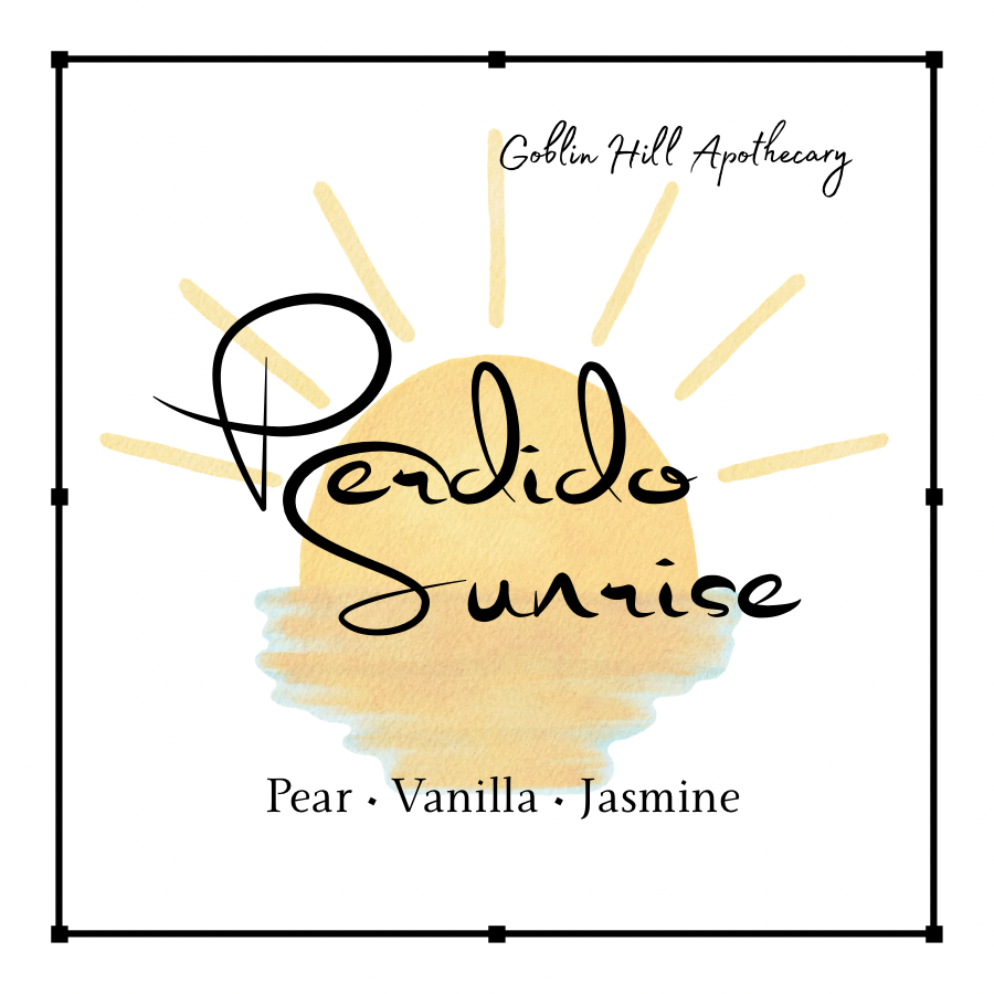 Perdido Sunrise product label with sun design and branding text on a white background