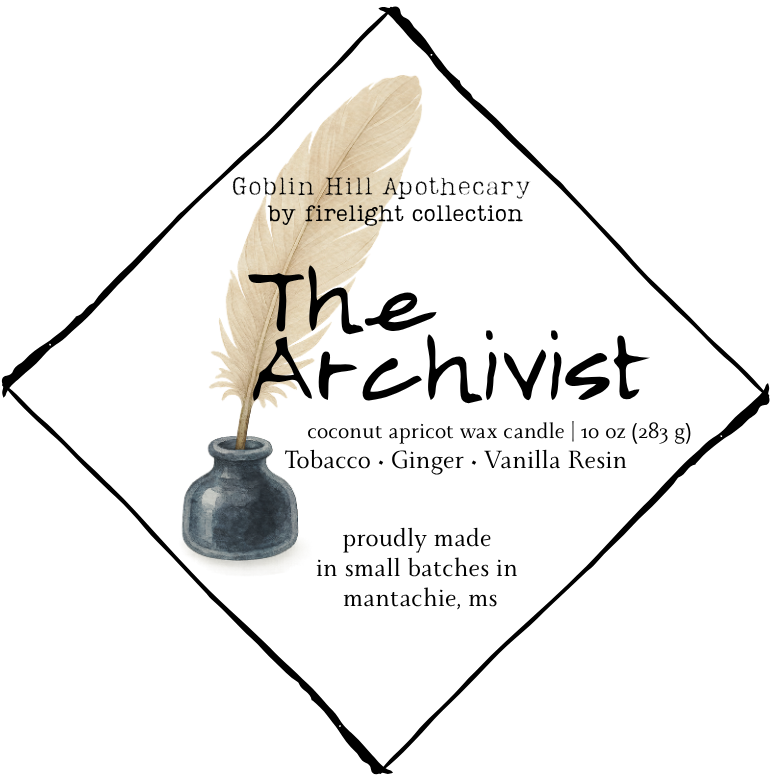 Label for 'The Archivist' candle from Goblin Hill Apothecary with a feather and small vase design.