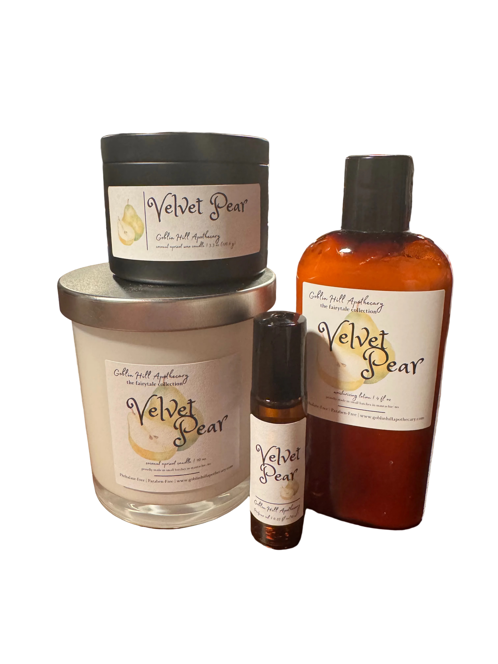 Collection of Velvet Pear products including a candle, bottle, and essential oil on a wooden surface.