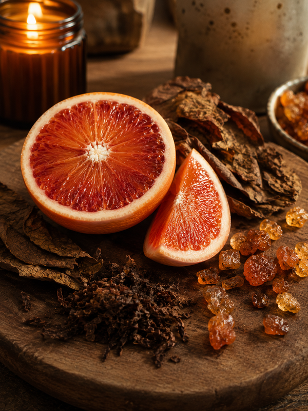 Sliced blood orange on a wooden surface with dried herbs and spices, lit by a candle.