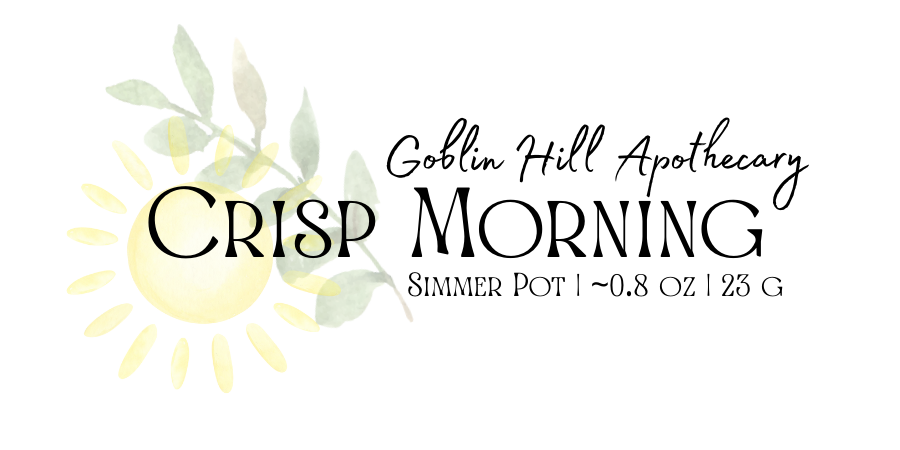 Goblin Hill Apothecary Crisp Morning product label with sun and leaves design.
