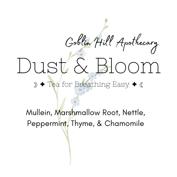 Goblin Hill Apothecary Dust & Bloom tea packaging with floral elements on a white background
