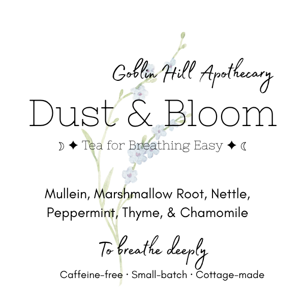 Goblin Hill Apothecary Dust & Bloom tea packaging with floral design and text.