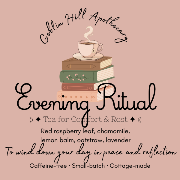 a pink label featuring a stack of books and a cup of tea