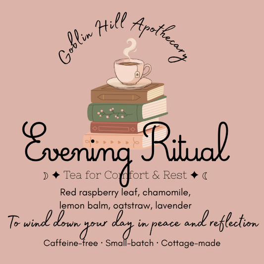 a pink label featuring a stack of books and a cup of tea
