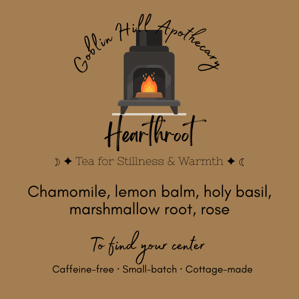 Goblin Hill Apothecary Hearthroot tea packaging with a fireplace illustration on a brown background.