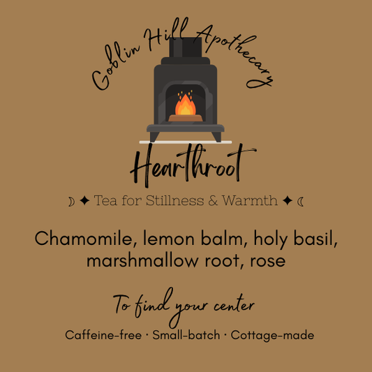 Goblin Hill Apothecary Hearthroot tea packaging with a fireplace illustration on a brown background.