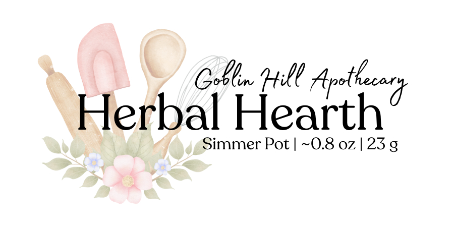 Goblin Hill Apothecary Herbal Hearth product label with wooden tools and flowers on a white background