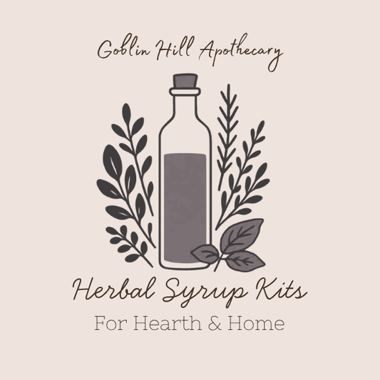 Goblin Hill Apothecary logo with a bottle and leaves on a beige background