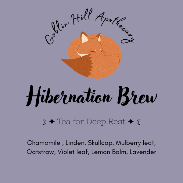Goblin Hill Apothecary Hibernation Brew label with a fox illustration on a purple background