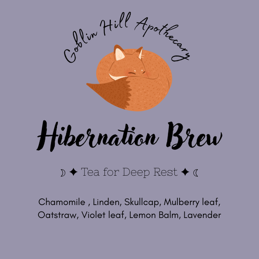 Goblin Hill Apothecary Hibernation Brew label with a fox illustration on a purple background