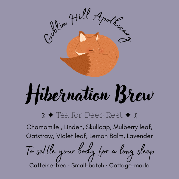 Goblin Hill Apothecary Hibernation Brew label with a fox illustration on a purple background