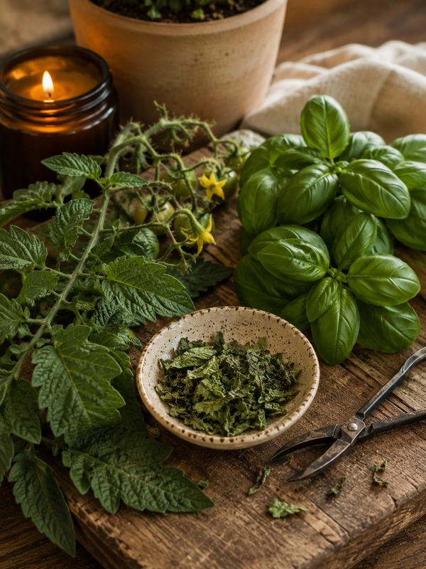 Herbs on a wooden surface with a bowl of dried herbs, a candle, and a potted plant in the background.