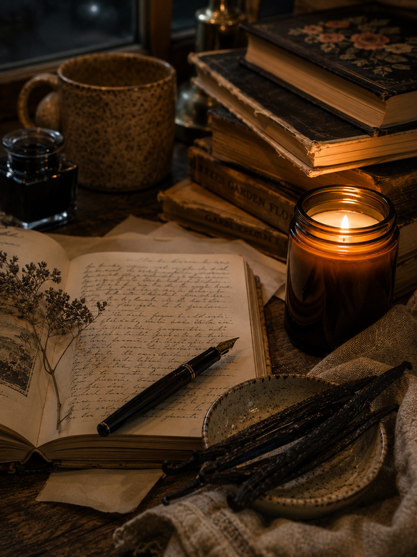 Open book with handwritten text, candle, and inkwell on a wooden surface